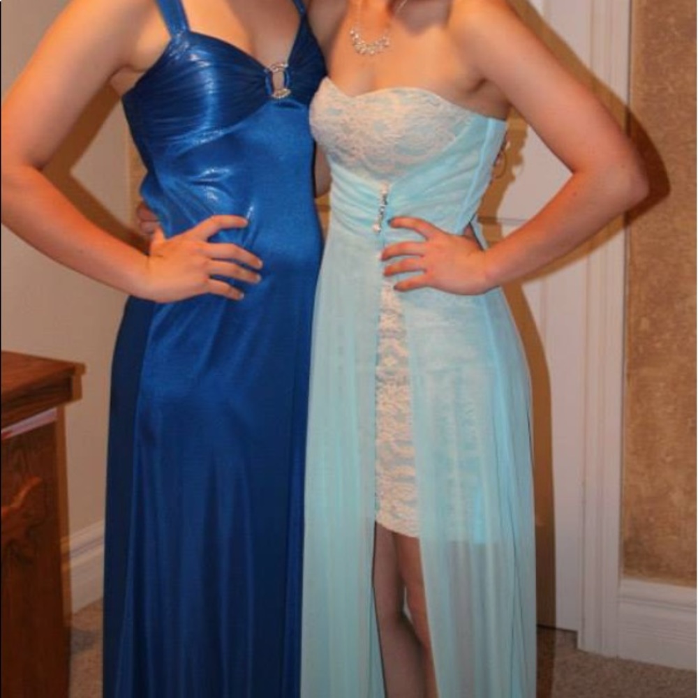 Sky blue prom dress with white lace